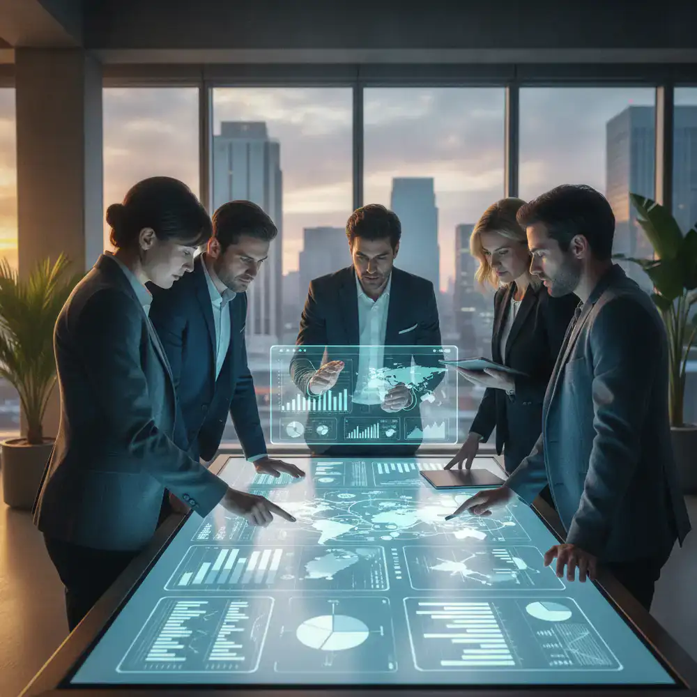 Professionals analyzing data and discussing enterprise solutions
