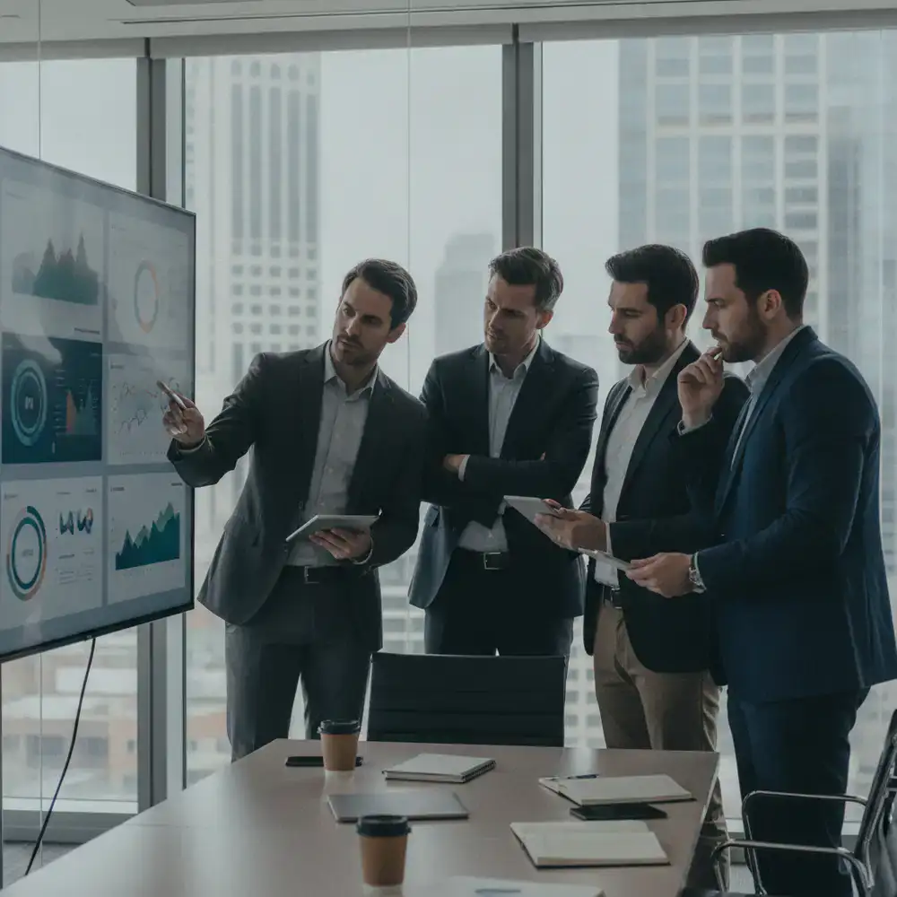 Enterprise software professionals reviewing industry-specific data